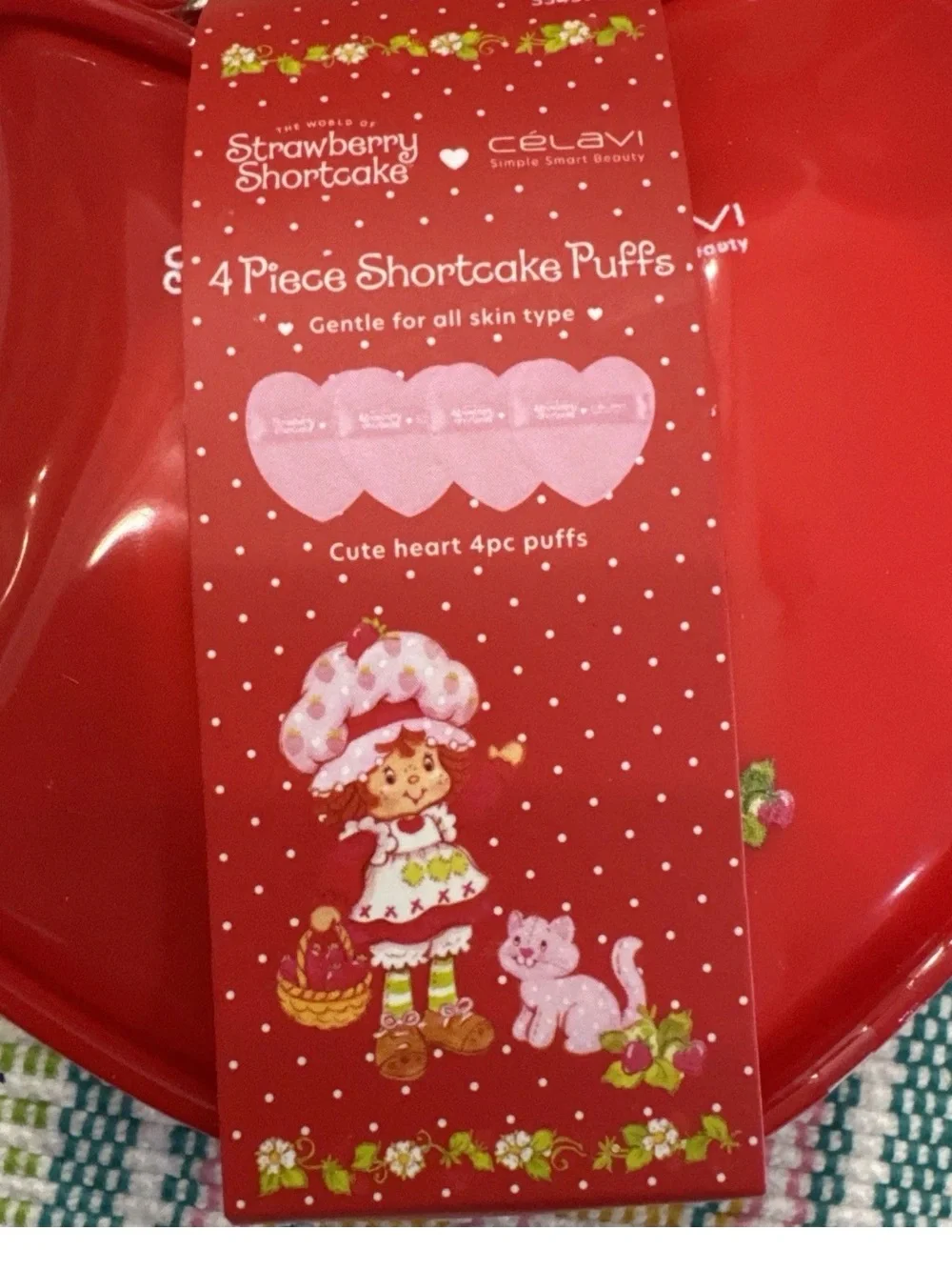 Strawberry Shortcake Heart Puffs Tin - Red reusable pouch with strap